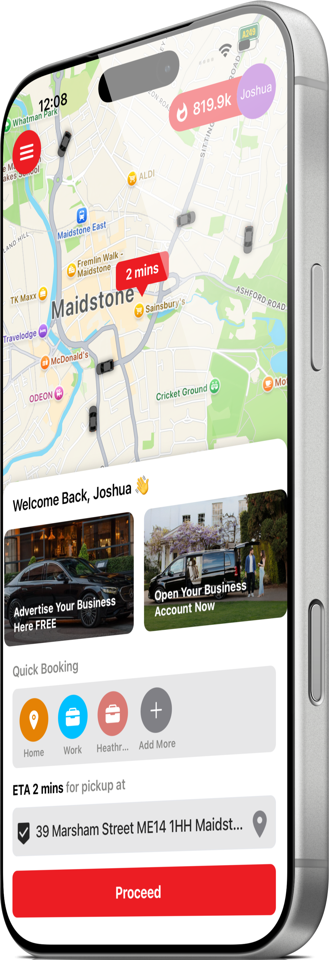 Live driver tracking and booking in the Streamline Taxis app