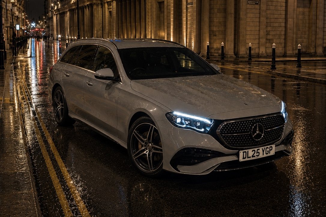 Mercedes E-Class estate on a wet London street at night