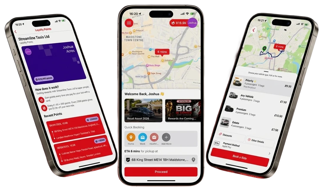 Streamline taxi app screens — booking, live driver tracking and loyalty points