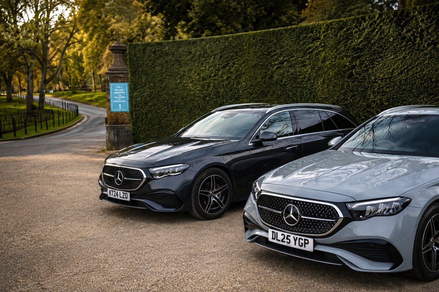 Two Streamline Mercedes E-Class estates on a Kent country estate driveway